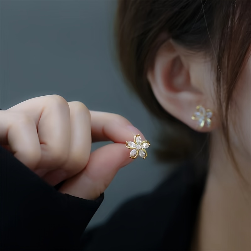 Floral Zirconia Stud Earrings - Women's Everyday & Party Accessory